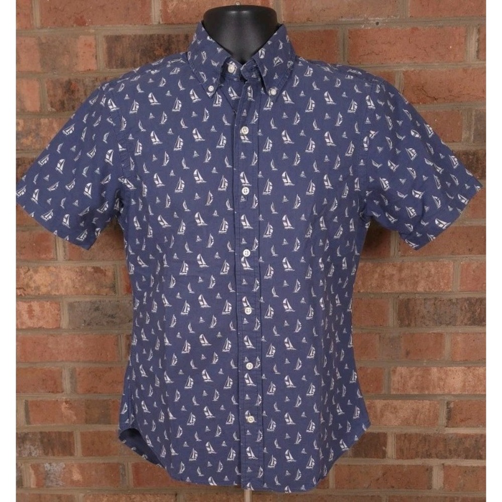 Polo Ralph Lauren Slim Fit Ship Print Short Sleeve Button Down Shirt Small Blue